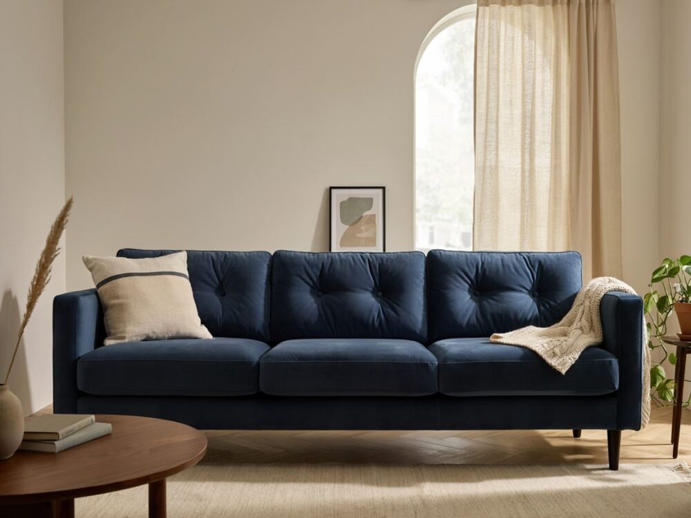 Granatowa sofa welurowa w salonie