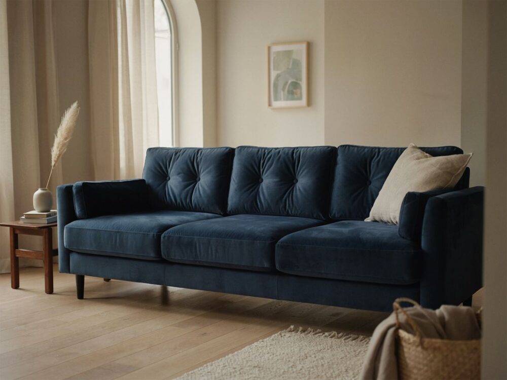 Granatowa sofa z weluru