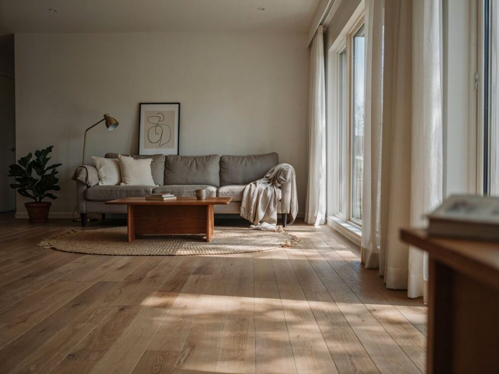 Przytulny salon w szarościach i drewnie