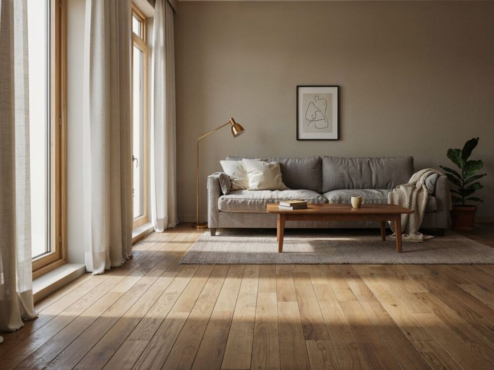 Szara sofa i drewniana podłoga