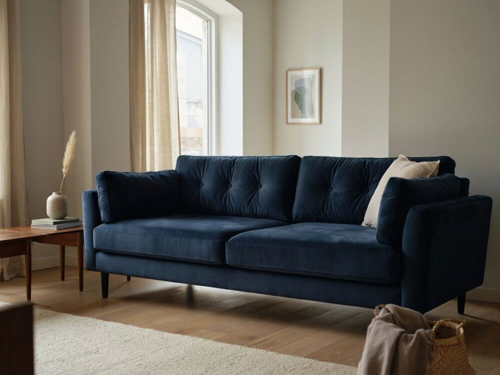 Welwetowa sofa w kolorze granatowym